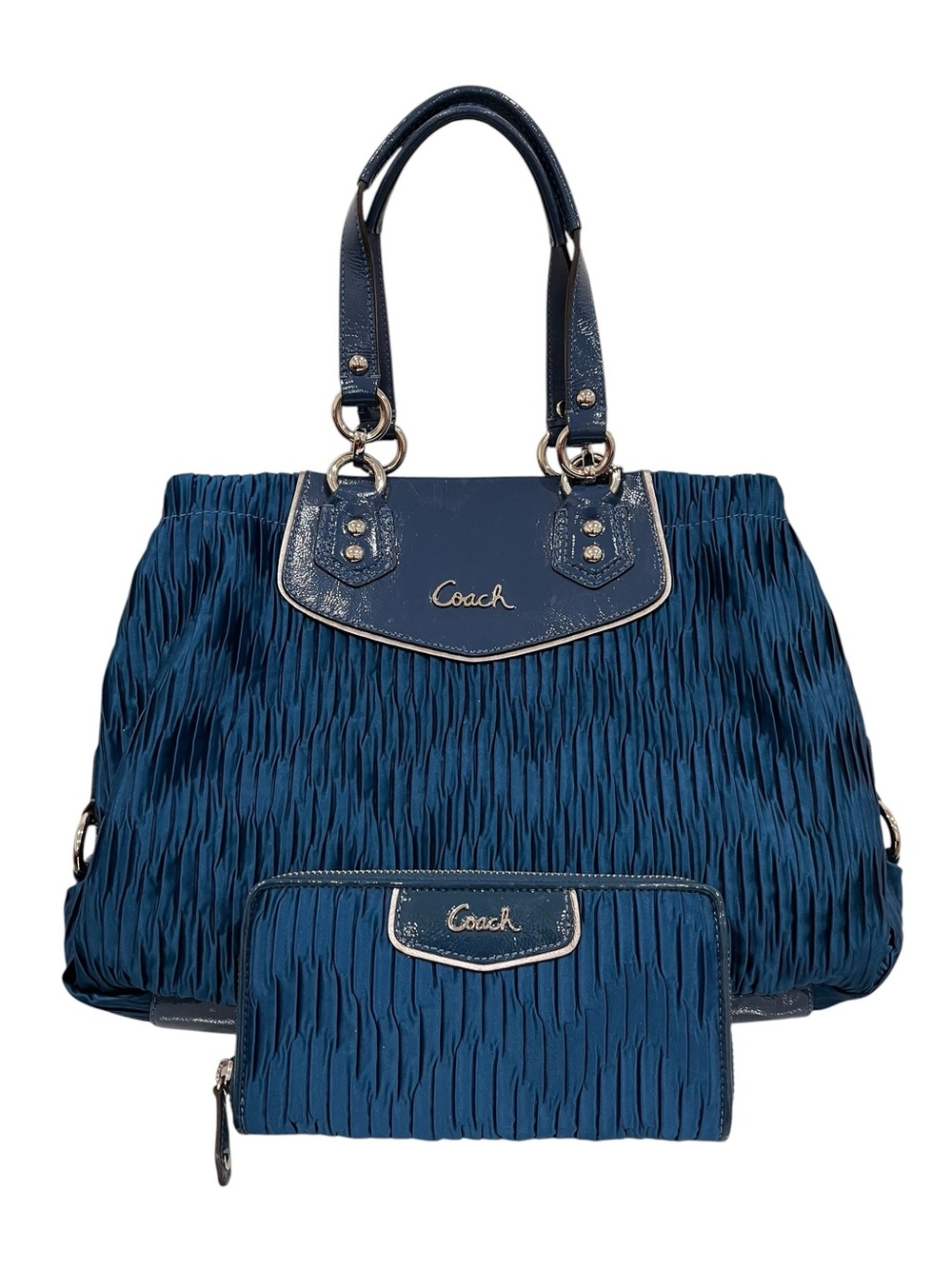 Coach Ashley Gathered Satin Shoulder Bag & Matching Wallet Ocean Blue /Teal NWT